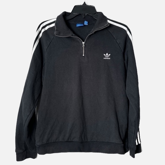 Adidas Quarter 1/4 Zip Pullover Sweatshirt Black 3 Stripe Trefoil - Picture 2 of 5